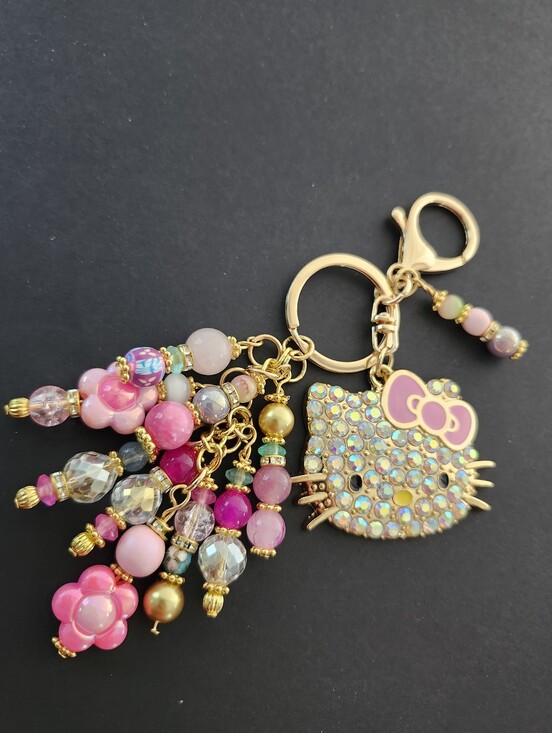 Handmade Accessories - Hello Kitty Purse Charm or Keychain Dolomite Jasper Rose Quartz Handcrafted